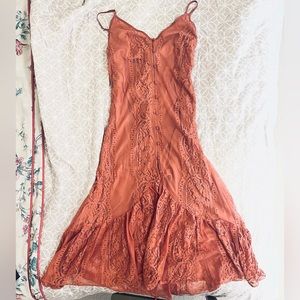 Lulus XS coral muted orange blush lace vintage dress with back tie - no tags